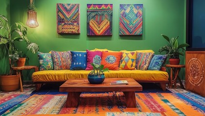 Vibrant living room with colorful textiles and art