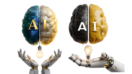 Ai brain held by robot hands isolated on transparent background