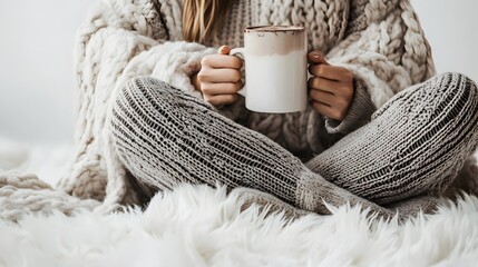 Winter Attire: A woman sitting in cozy winter clothes, legs crossed, holding a mug of hot chocolate, on a white background. 
