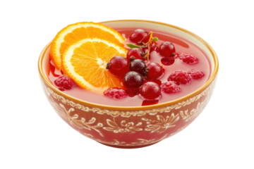 A reddish fruit-infused beverage, possibly a compote or jelly, sits in an ornate bowl, garnished with orange slices and assorted berries