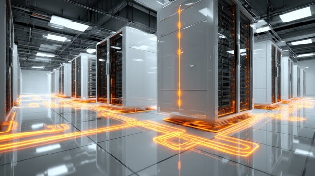 Modern server room with illuminated pathways