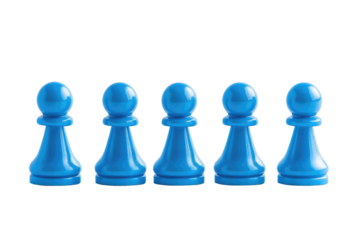 Five glossy, blue chess pawns arranged in a straight line against a black background.  They are uniformly sized and spaced