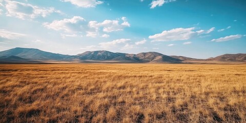 Vast, golden plains stretching to distant mountains under a vibrant sky