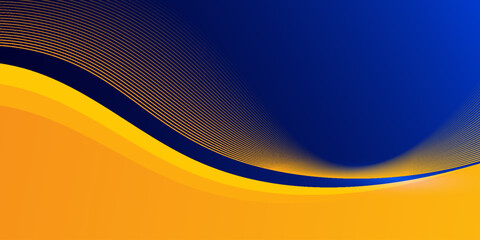 Abstract blue and yellow wave wide background banner curve element with line blue pettern space for text and message design, overlapping layers.