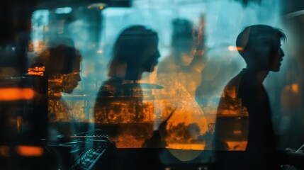 Blurry silhouettes of musicians reflected in a window