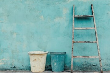 Aged turquoise wall with buckets and ladder
