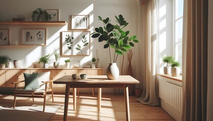Fototapeta premium Natural sunlight fills a Scandinavian-inspired room with wooden table and plant, creating peaceful atmosphere
