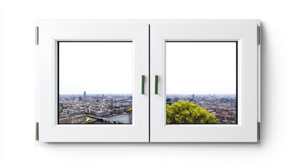 Fototapeta premium Modern double-pane white window with cityscape view. Generative AI