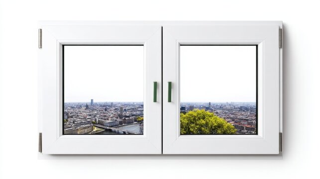 Modern double-pane white window with cityscape view. Generative AI - Powered by Adobe