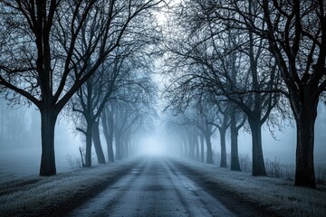 Obraz premium Foggy, serene pathway lined with bare trees
