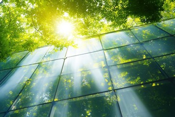 Solar panel roof in a green forest, sunlight through the glass, tree and sunlight reflection on the building wall