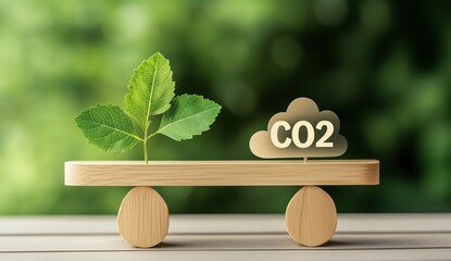 The concept of the balance between carbon and green leaf on a wooden scale with a "CO2" text in a cloud symbol, representing eco-friendly energy and global warming life environment protection