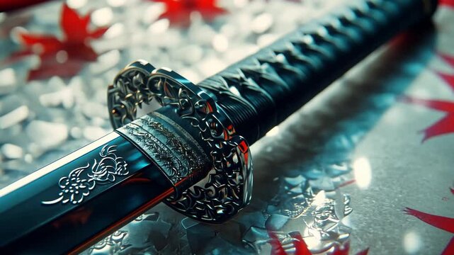 This footage features a close-up shot of a katana sword amidst colorful autumn leaves. Perfect for showcasing craftsmanship and cultural heritage. Generative AI