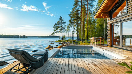Serene lakeside cabin with a wooden deck, pool, and lounge chair, surrounded by trees and water under a clear blue sky.