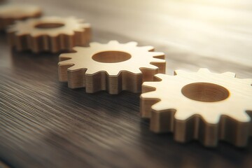 Wooden gears aligned on a wooden surface symbolizing progress, workflow, and mechanical precision in a business context