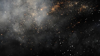 A dark, ethereal cosmic scene with a scattering of white and gold stars, some obscured by wispy, grey clouds