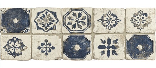 A row of nine decorative tiles, each featuring a different blue and white floral pattern