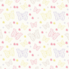 Seamless butterfly vector repeat pattern. Drawn butterfly background. Colorful spring wallpaper.For print.