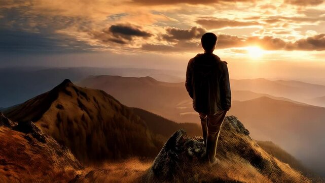 Silhouette of a person standing on a rocky peak overlooking a mountainous landscape at sunset, illuminated by golden light and a dramatic cloudy sky