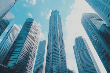 Low-angle view of several modern skyscrapers reaching towards a partly cloudy blue sky