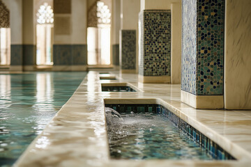 Historic stone water fountain inside the ancient Alhambra palace building featuring traditional architecture and arches 