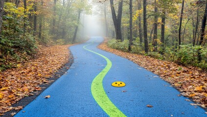 Obraz premium A winding paved path through a foggy forest with fallen leaves on the edges