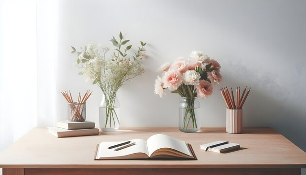 Clean spring-themed desk setup with pastel flowers, notebook, and pencils on wood against white wall with copy space