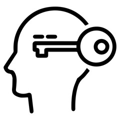 A head contains a key symbol (outline style). Represents unlocking understanding, finding a solution, or gaining insight into a problem or concept within the mind. It signifies the key to knowledge