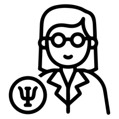 A female psychiatrist (outline style) is shown with a prominent psychology symbol, representing a smart and knowledgeable woman, possibly a female teacher or professional in the field of mental health