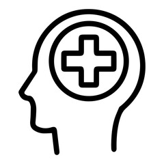 Head contains a plus sign within a circle (outline style). Represents mental healthcare or a positive approach to mental well-being, healing within the mind and the process of providing aid or support