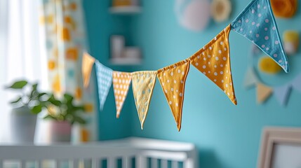 A whimsical garland announces new beginnings above a crib in a sweet and tender newborn nursery
