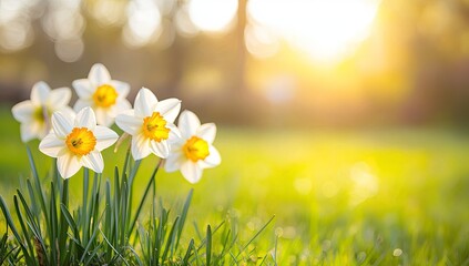 White flowers with yellow centers bloom in a grassy field with a bright, blurry sun behind them