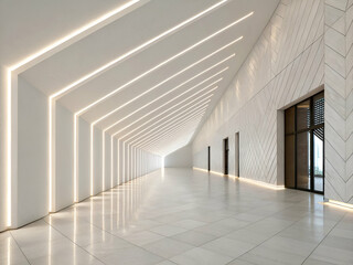 Walking in Modern Architecture Corridor with Light Lines