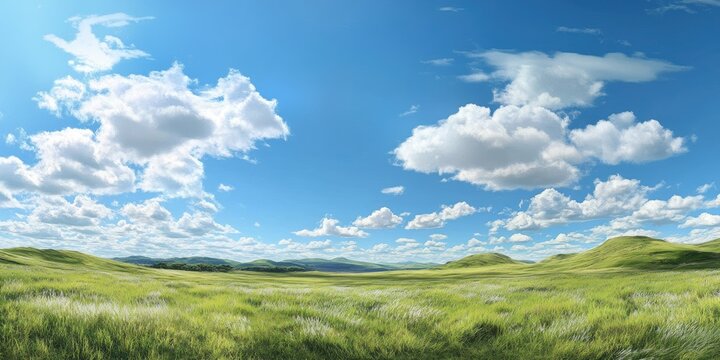 Wide open sunny meadow with rolling hills and fluffy clouds