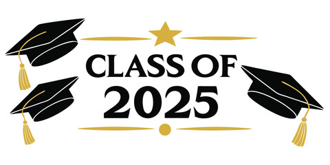 Class of 2025 graduation design with mortarboards and gold accents