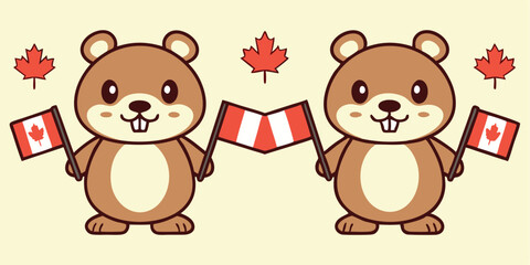 Cute cartoon beavers celebrating canada day with flags and maple leaves illustration