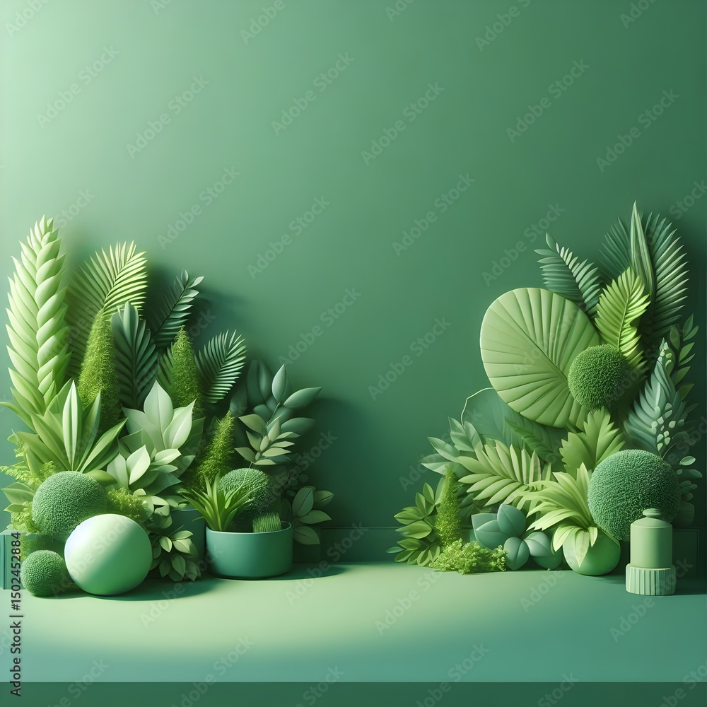 Poster clean vibrant green textured wall with gentle shadows providing ample space for marketing message or
