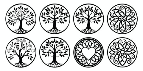 Elegant black and white circular tree of life designs for various artistic applications