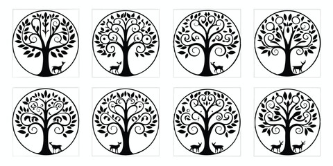 Elegant silhouette trees and deer in circles with intricate leafy details