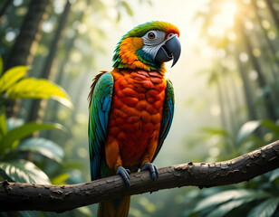 Obraz premium Parrot Perched on Branch in Lush Jungle Setting
