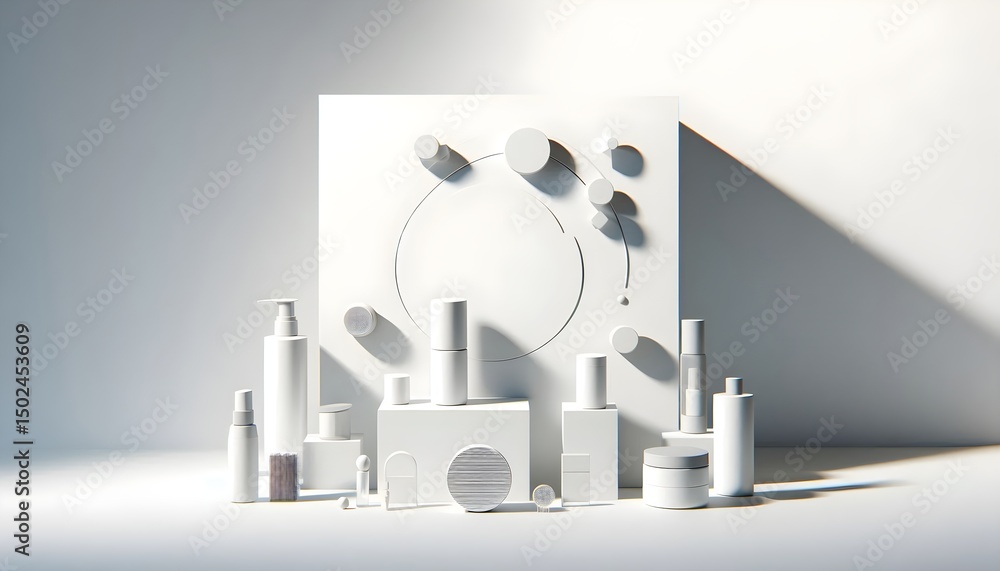 Poster modern banner design featuring floating product components on white background with strong shadows a