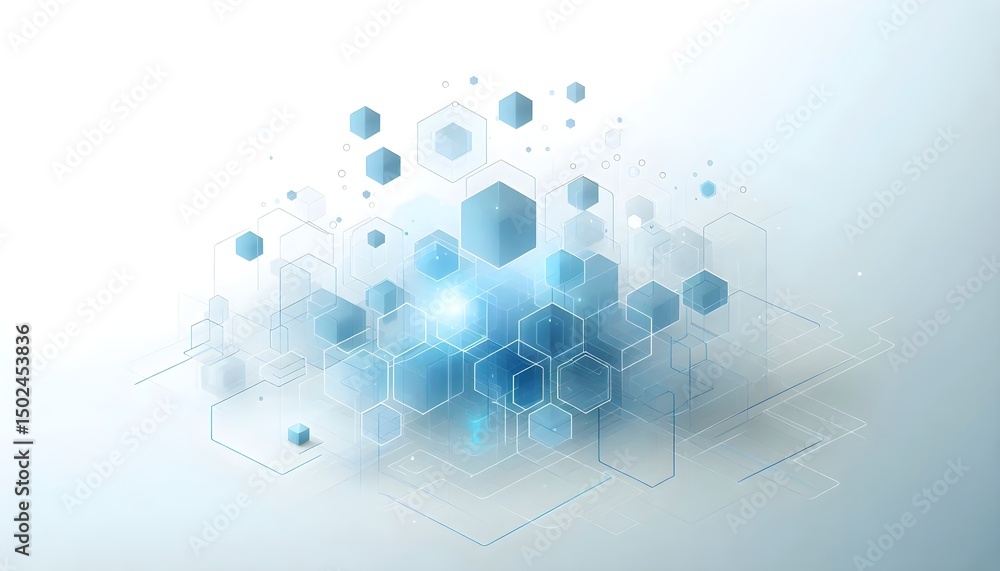 Poster sleek professional minimal tech illustration of blue hexagons floating on white gradient background 