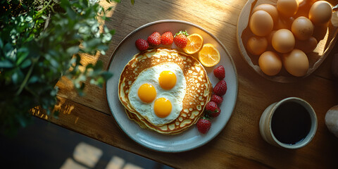 Healthy breakfast with eggs, pancakes and fresh fruit, Morning meal with coffee and natural light, Nutritious breakfast plate
