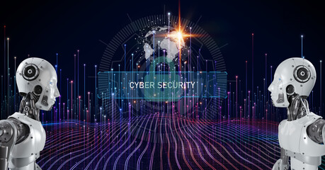 A futuristic digital landscape showcasing advanced cyber security with the integration of AI, The AI robots guard against digital threats. 