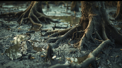 Fototapeta premium Close-up of intricate tree roots emerging from muddy, shallow water in a dense mangrove environment.