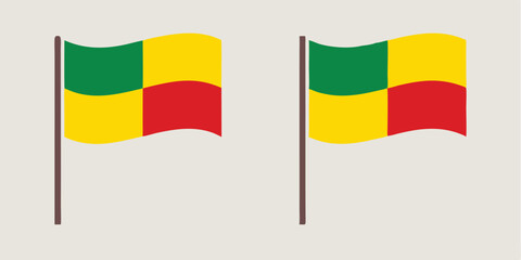 Two waving flags of benin country national colors on a neutral background