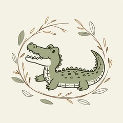 Fototapeta premium Adorable Crocodile Illustration in a Floral Frame