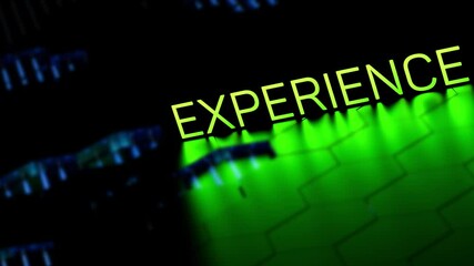 EXPERIENCE text, lettering neon glowing word. Business experience, practical skills, training, concept, animation.3D render