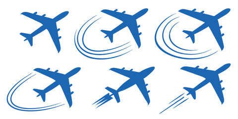 Blue airplane silhouettes collection various designs for travel and aviation themes