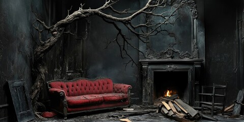 A charred, dark room with a red couch and a fireplace